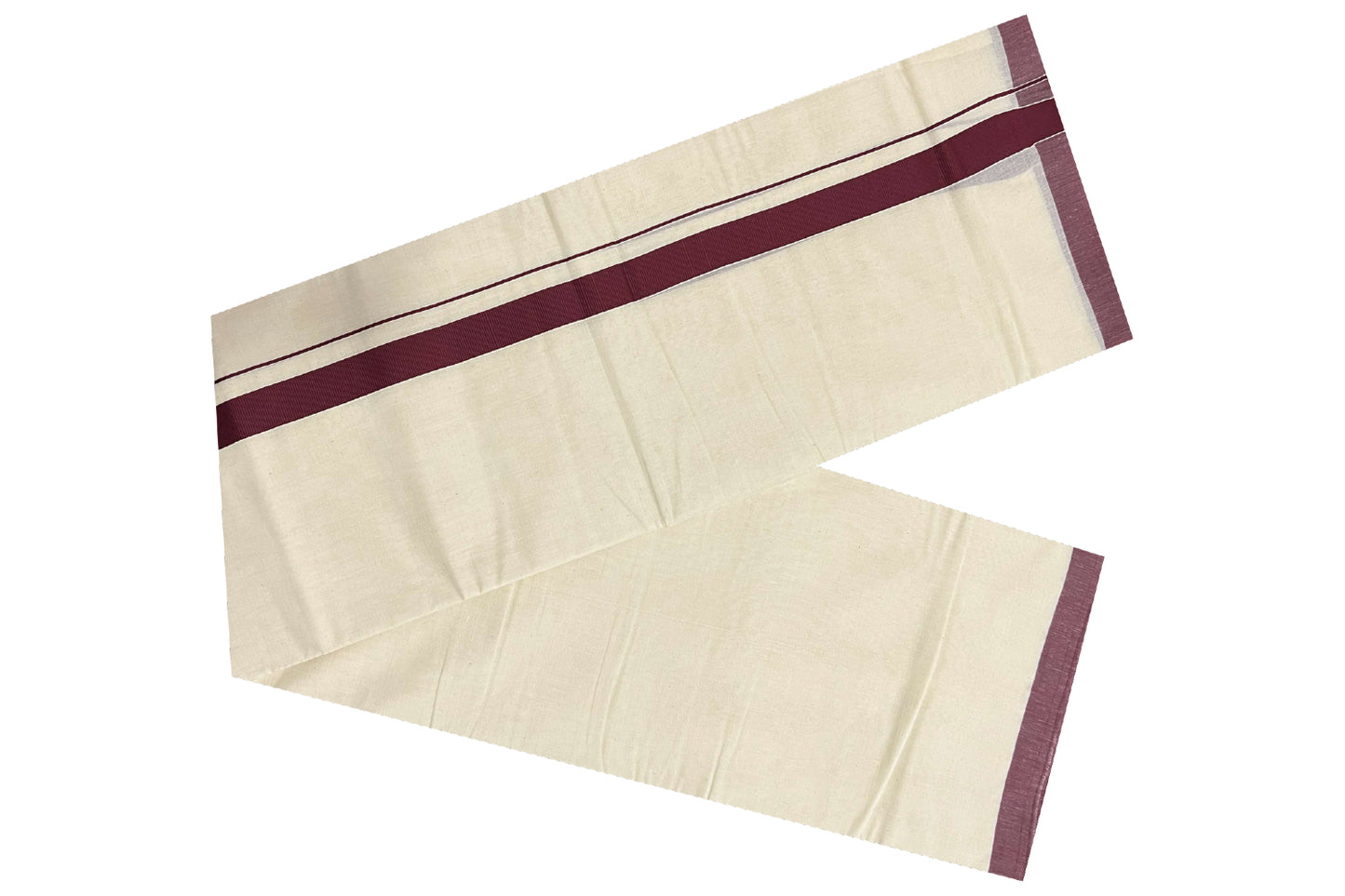 Off White Pure Cotton Double Mundu with Maroon Kara (South Indian Dhoti)