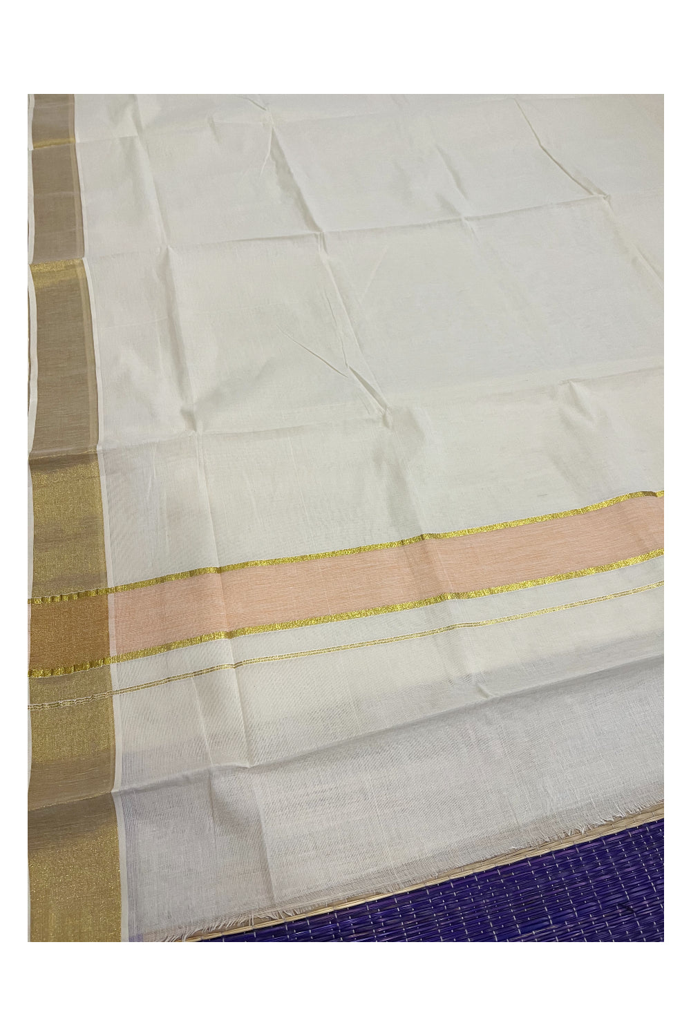 Pure Cotton Kerala Plain Saree with Kasavu Border and Light Orange Kasavu Pallu