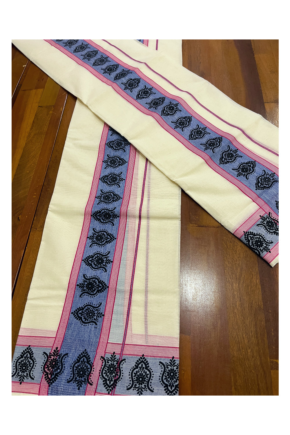 Kerala Cotton Single Set Mundu (Mundum Neriyathum) with Black Block Prints on Blue Red Border