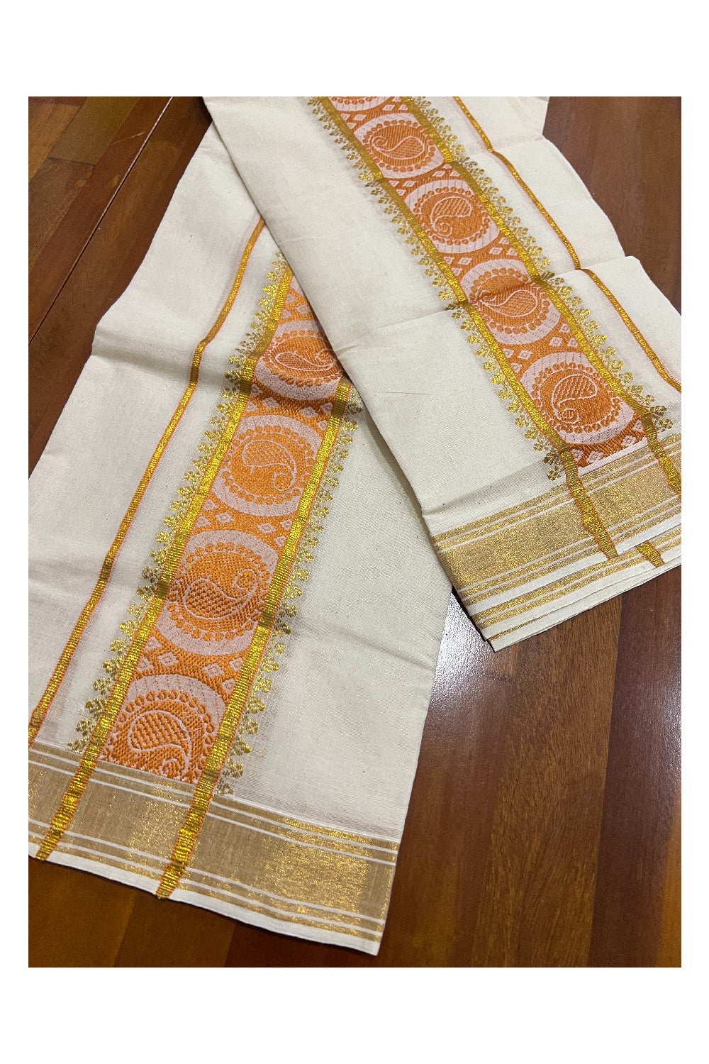 Kerala Cotton Set Mundu (Mundum Neriyathum) with Orange Paisley Woven and Kasavu Border