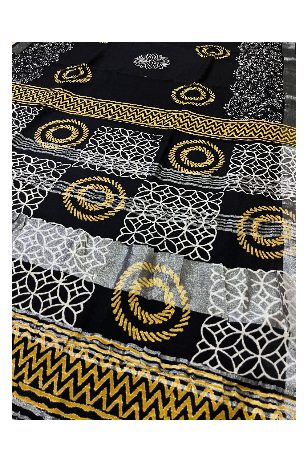 Southloom Linen Designer Black Saree with Yellow White Fabric Prints on Body and Tassels Works