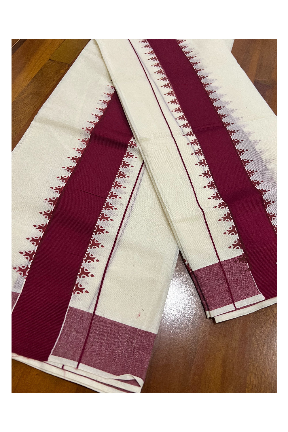 Pure Cotton Set Mundu (Mundum Neriyathum) with Maroon Temple Block Prints Border