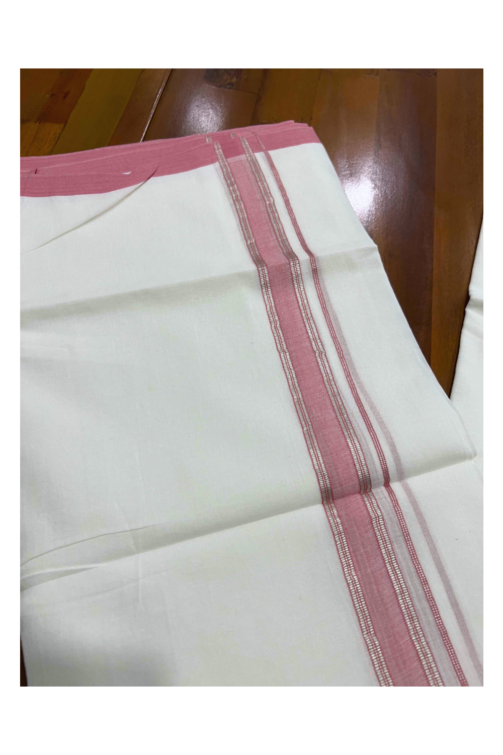 Pure White Cotton Mundu with Peach and Silver Kara (South Indian Dhoti)