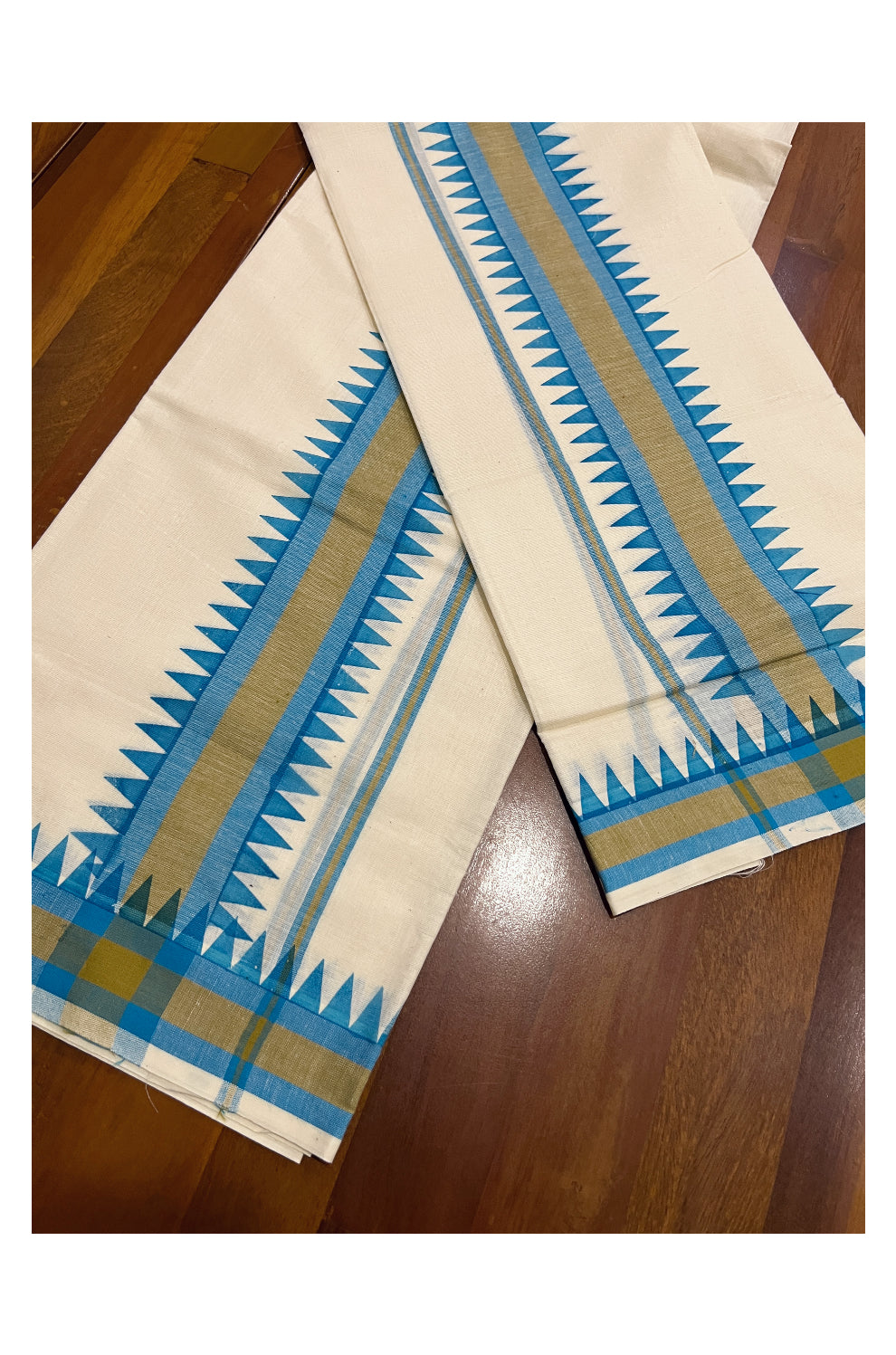 Kerala Cotton Mulloth Mundum Neriyathum Single (Set Mundu) with Blue Temple Block Prints on Border (Extra Soft Cotton)