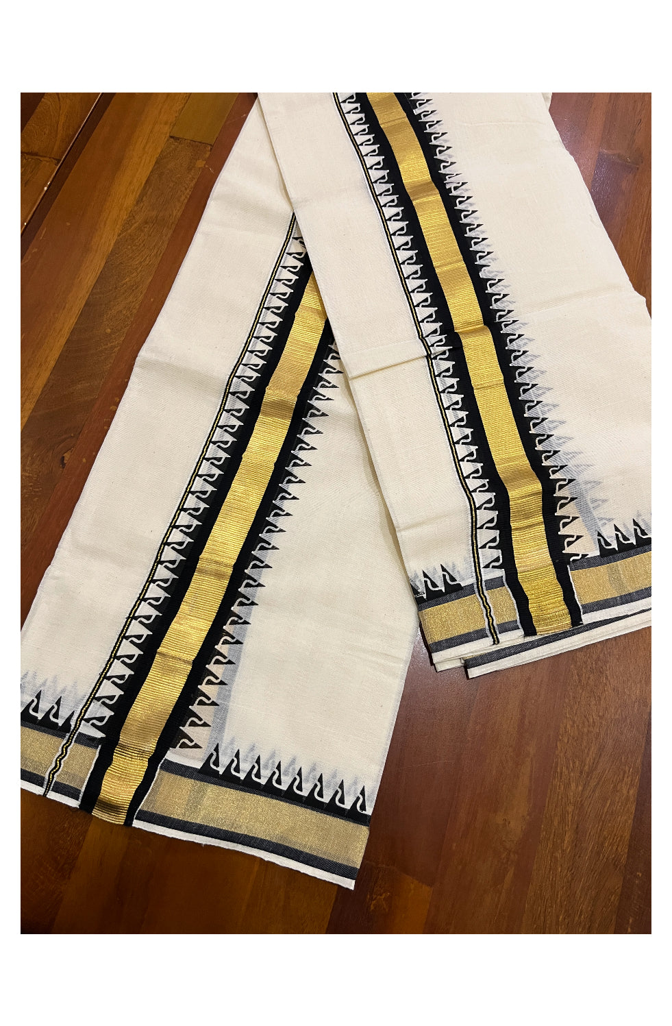 Pure Cotton Kasavu Single Set Mundu (Mundum Neriyathum Onam 2023) with Black Temple Border 2.80 Mtrs