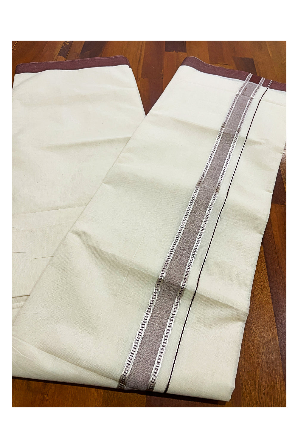 Pure Cotton Off White Double Mundu with Purple and Silver Kara (South Indian Dhoti)