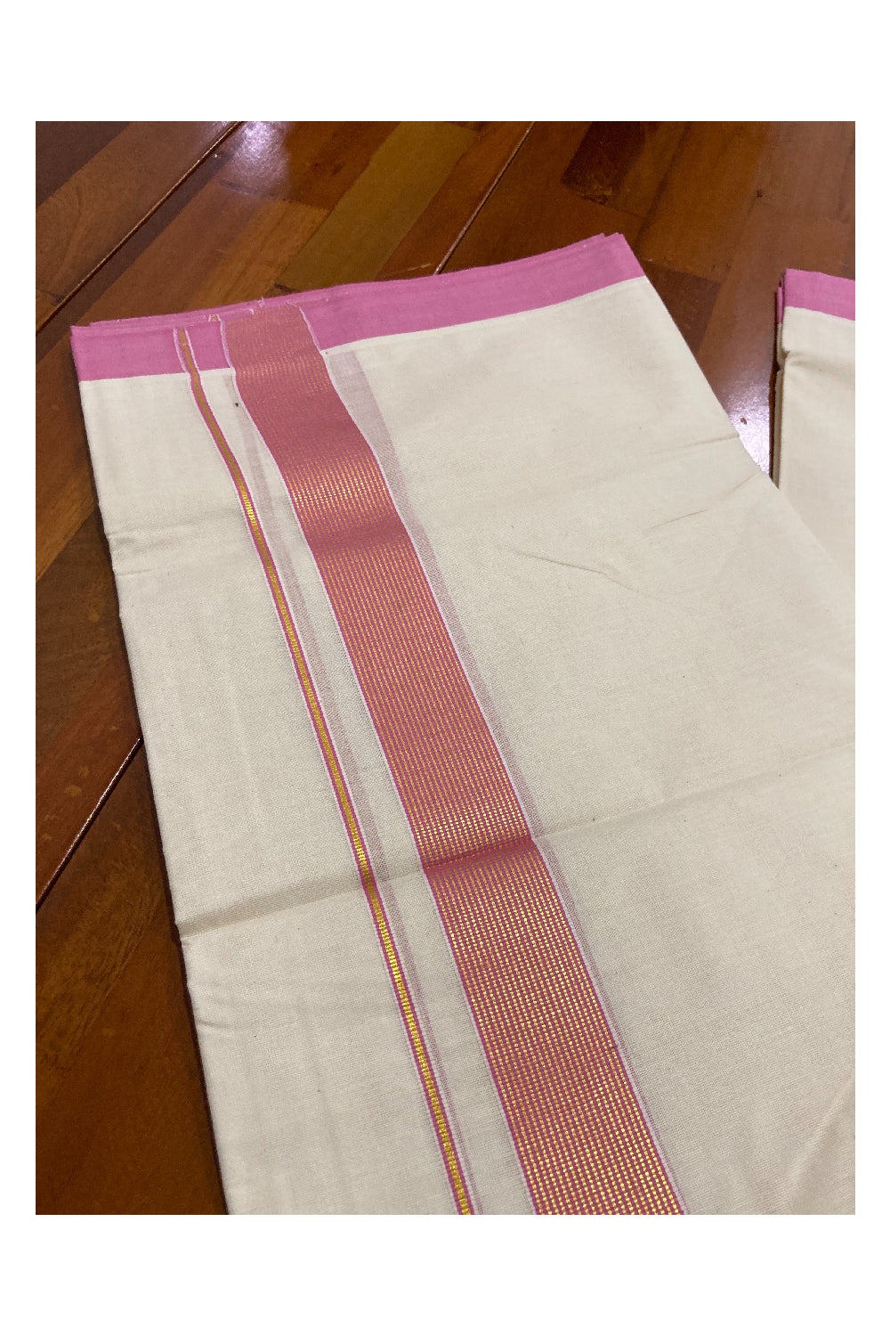 Off White Kerala Double Mundu with Kasavu and Pink Line Border (South Indian Dhoti)