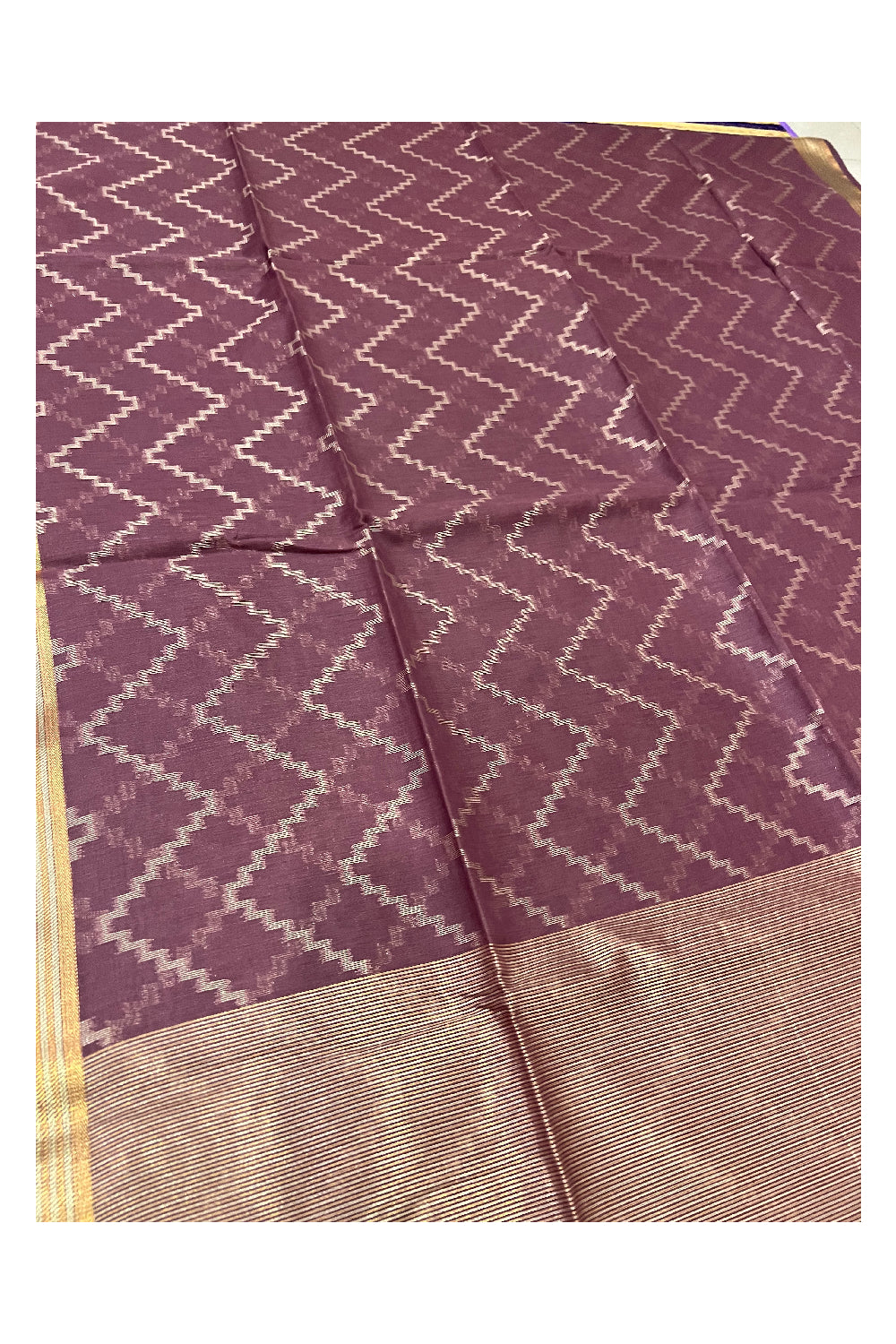 Southloom Purple Semi Tussar Designer Saree With Kasavu Zig Zag Works on Body