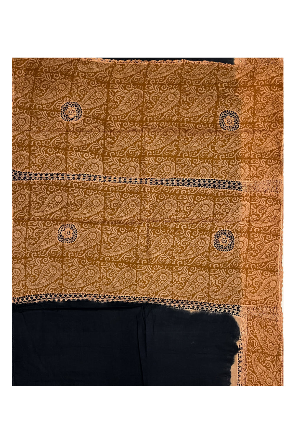 Southloom Pure Cotton Black Saree with Designer Orange Crochet works on Border