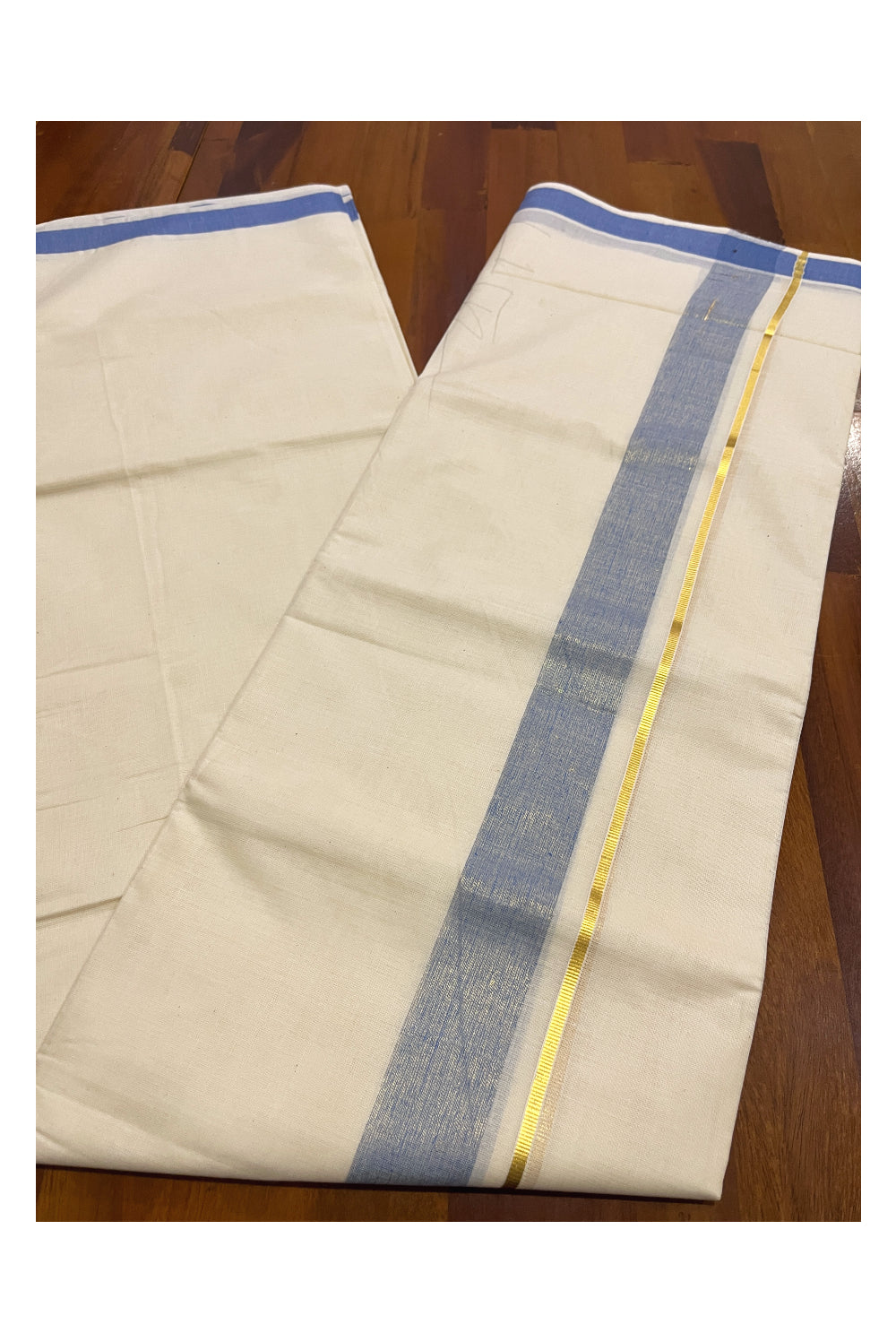 Pure Cotton Double Mundu with Kasavu Blue Kara (South Indian Dhoti)