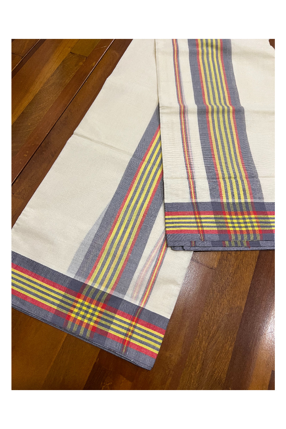 Kerala Cotton Mundum Neriyathum Single (Set Mundu) with Grey Yellow and Orange Mulloth Border (Extra Soft Cotton)