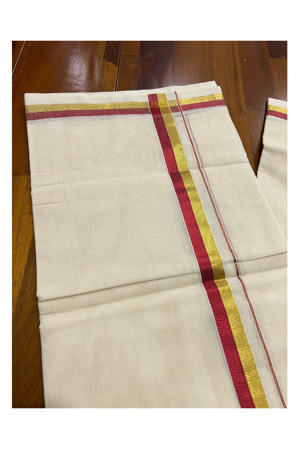 Southloom Balaramapuram Handloom Pure Cotton Mundu with Golden and Red Kasavu Border (South Indian Dhoti)