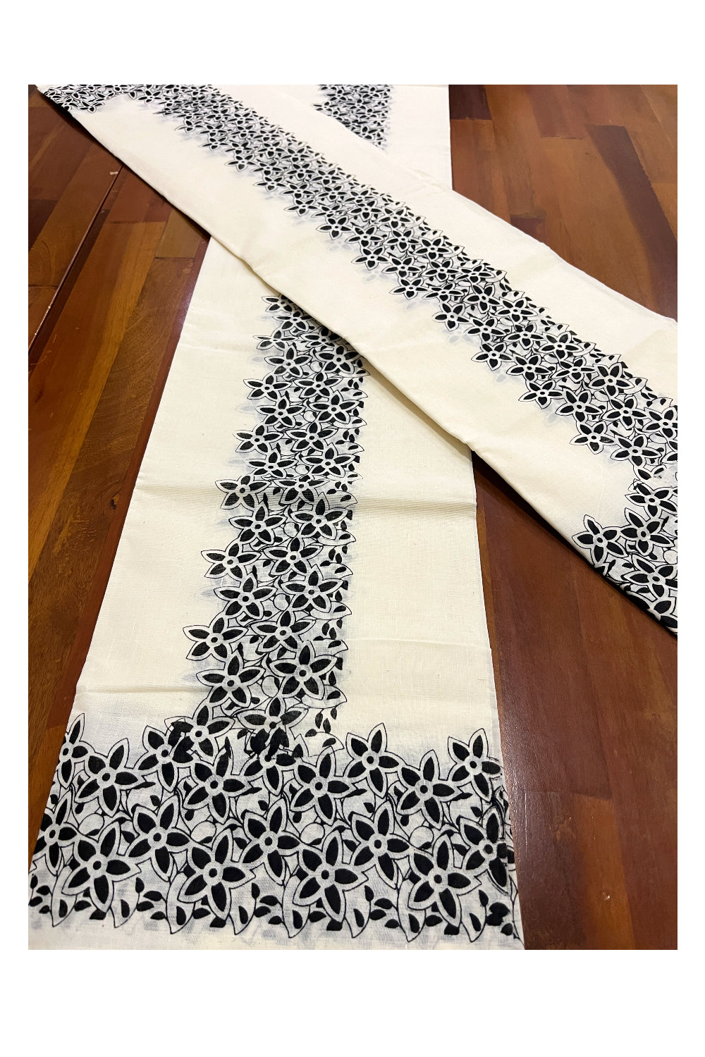 Kerala Cotton Set Mundu (Mundum Neriyathum) with Black Floral Block Printed Border