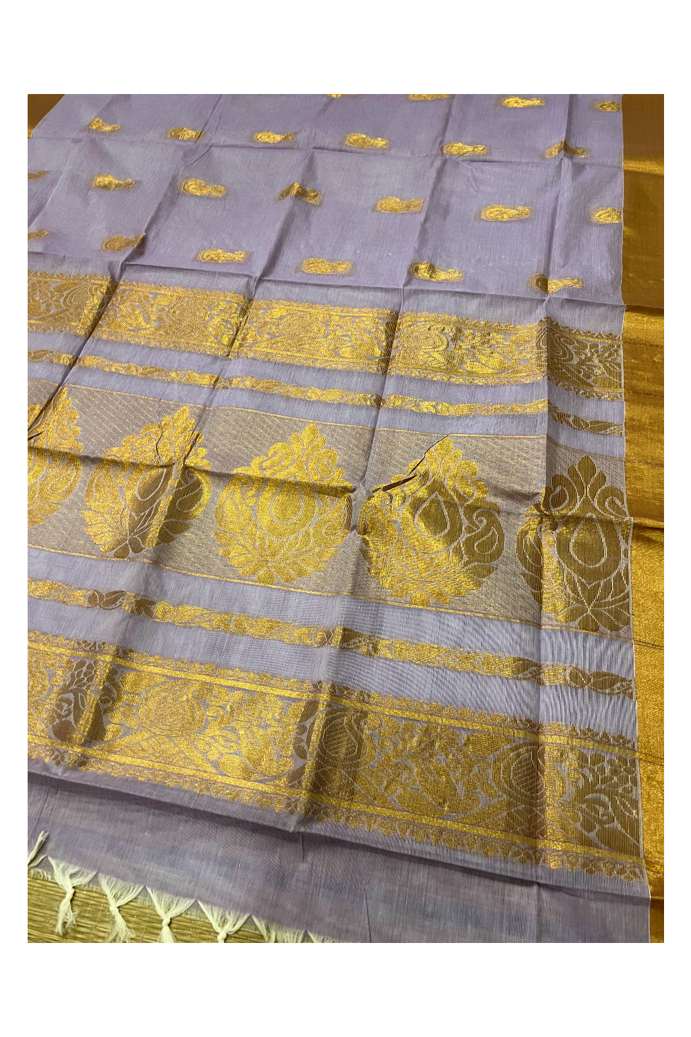 Pure Cotton Light Violet Kerala Saree with Kasavu Woven Works on Body