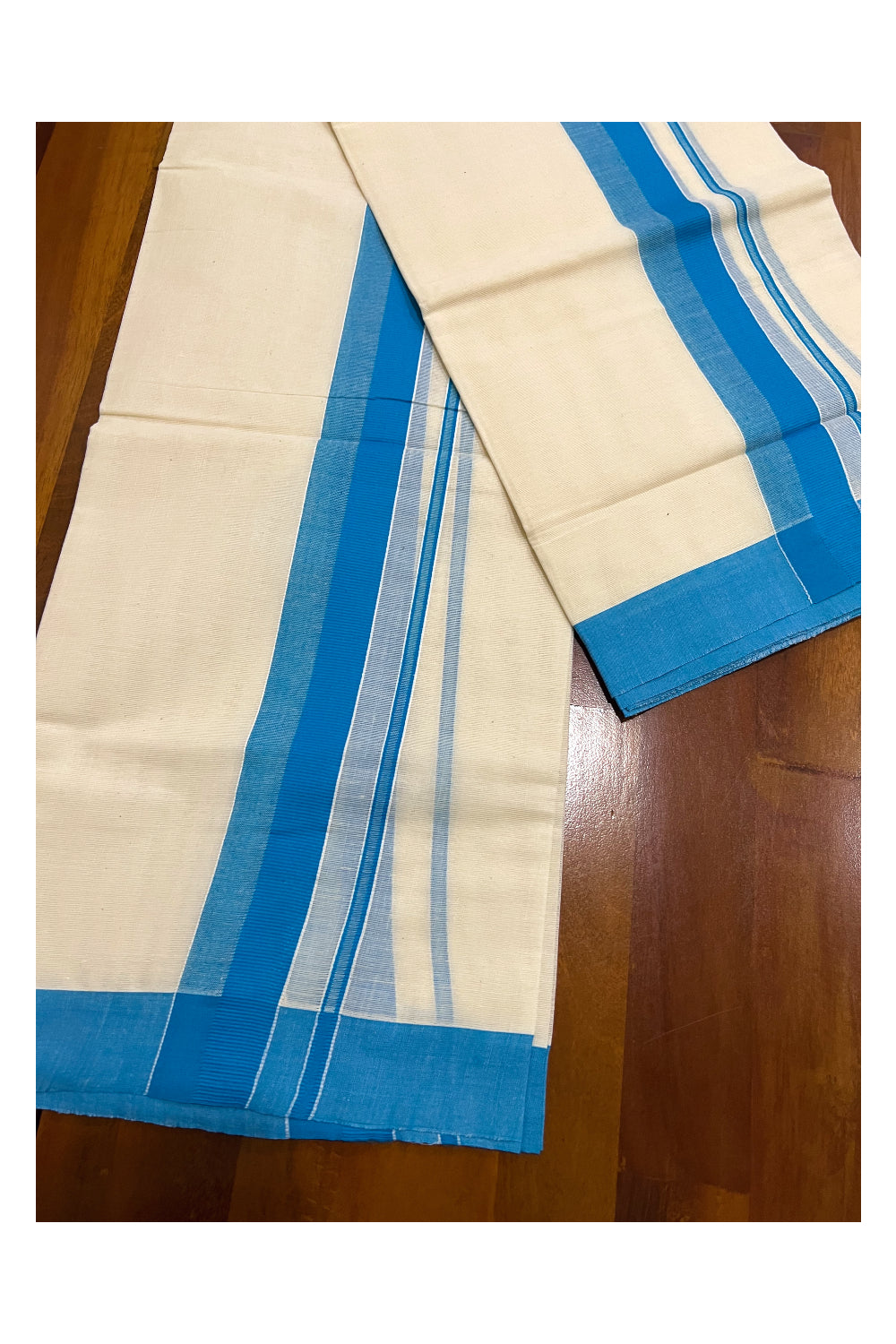 Pure Cotton Kerala Set Mundu (Mundum Neriyathum) with Light Blue Border