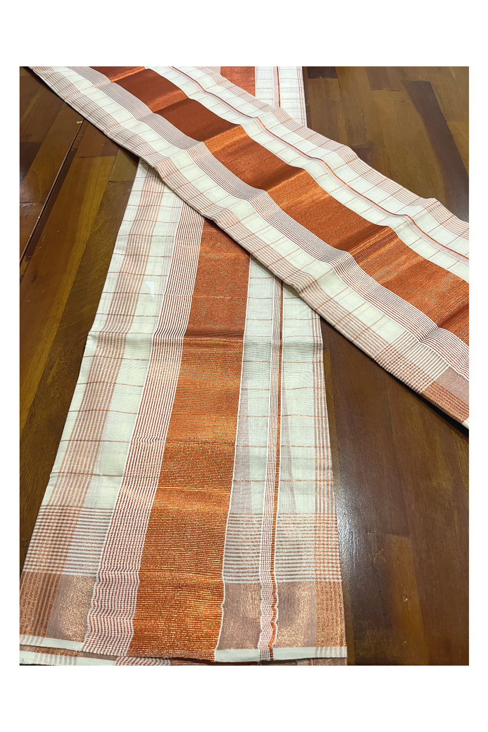 Kerala Cotton Set Mundu (Mundum Neriyathum) with Copper Kasavu Checks Across Body 2.80 Mtrs