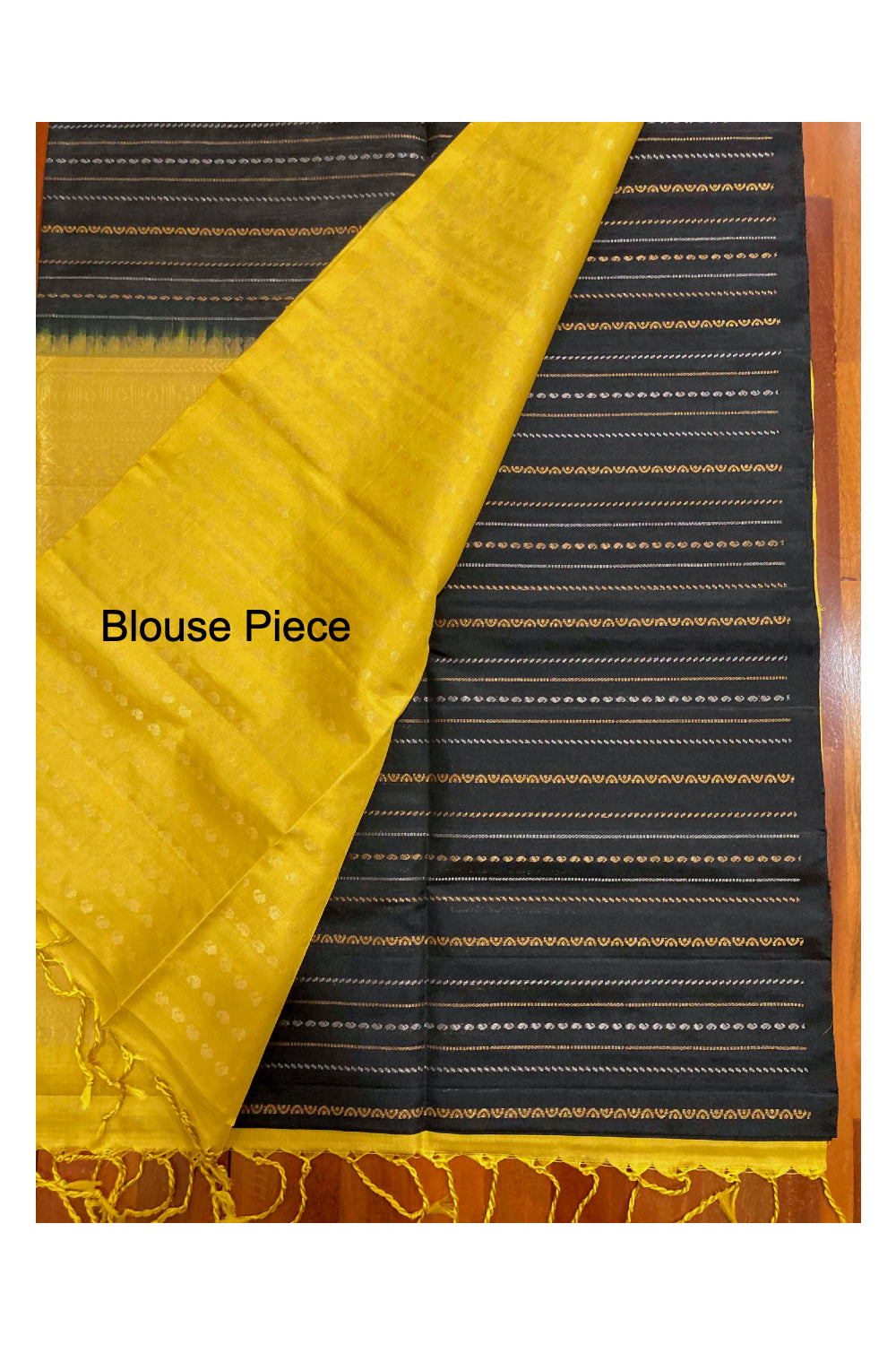 Southloom Handloom Pure Silk Kanchipuram Saree in Black Stripes and Yellow Pallu