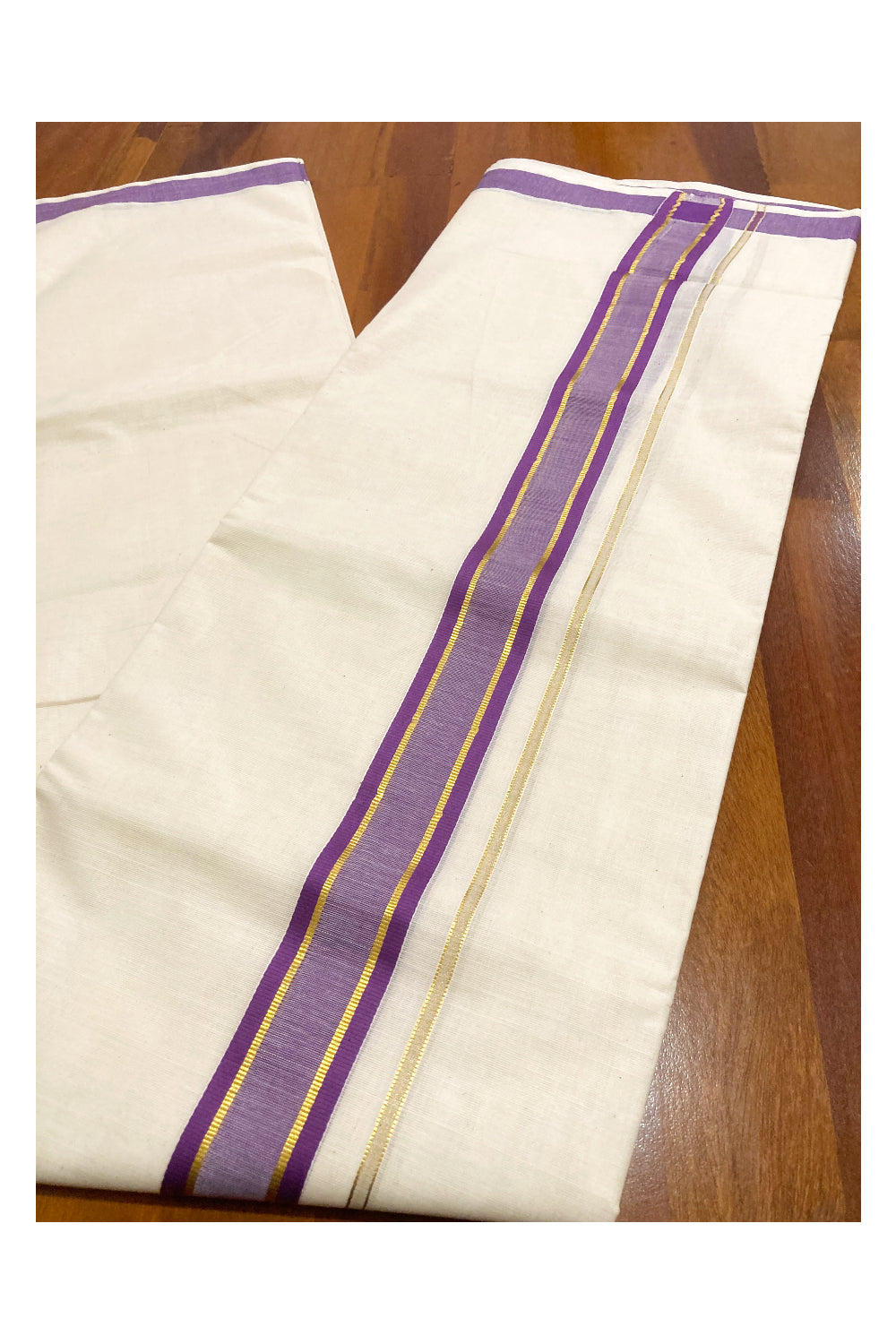 Off White Pure Cotton Double Mundu with Kasavu and Violet Border (South Indian Dhoti)