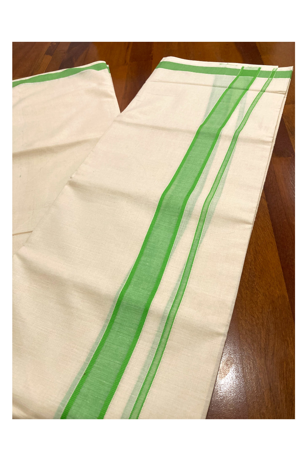 Off White Pure Cotton Double Mundu with Green Border (South Indian Kerala Dhoti)