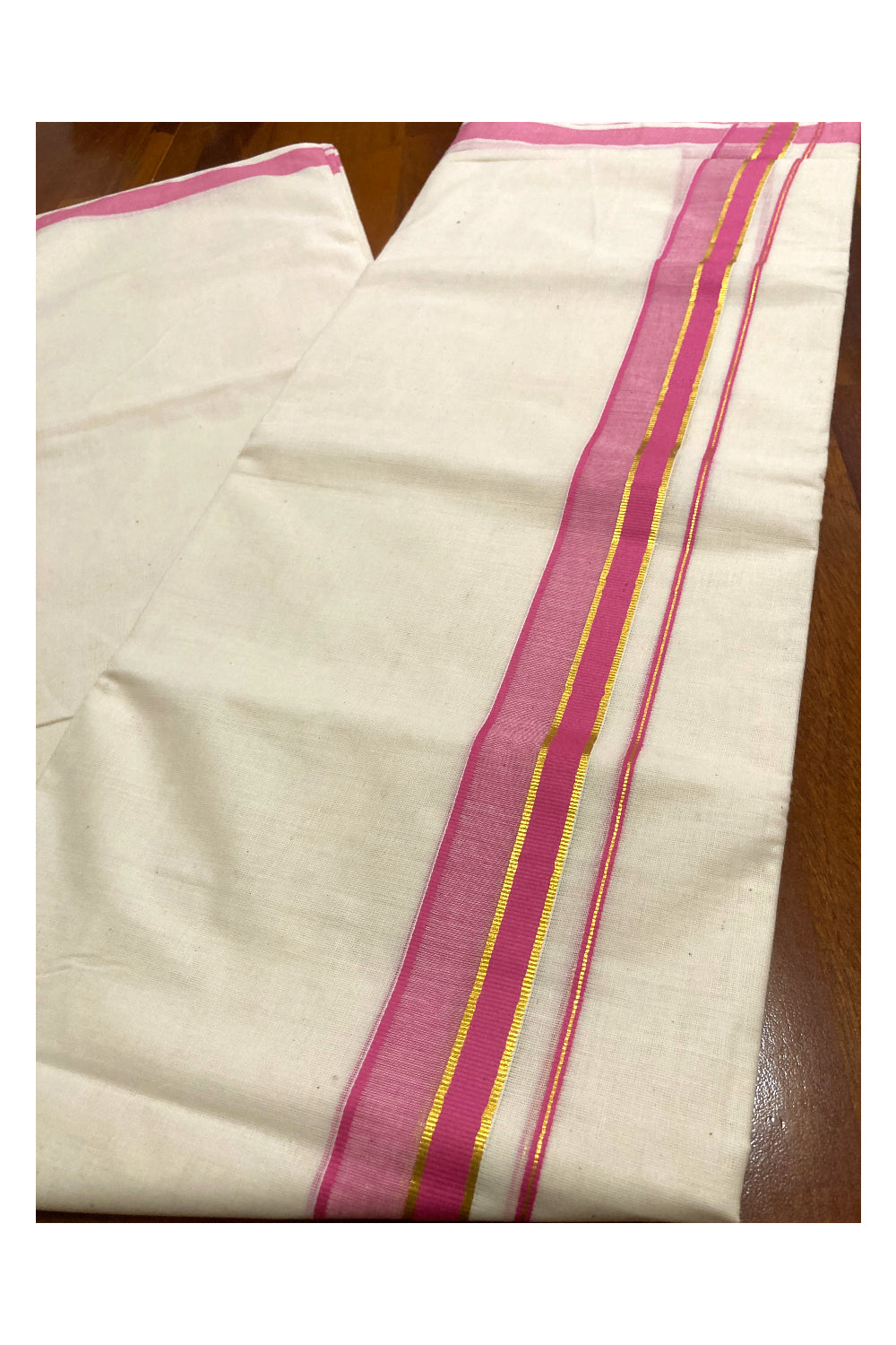 Pure Cotton Off White Double Mundu with Pink and Kasavu Border (South Indian Dhoti)