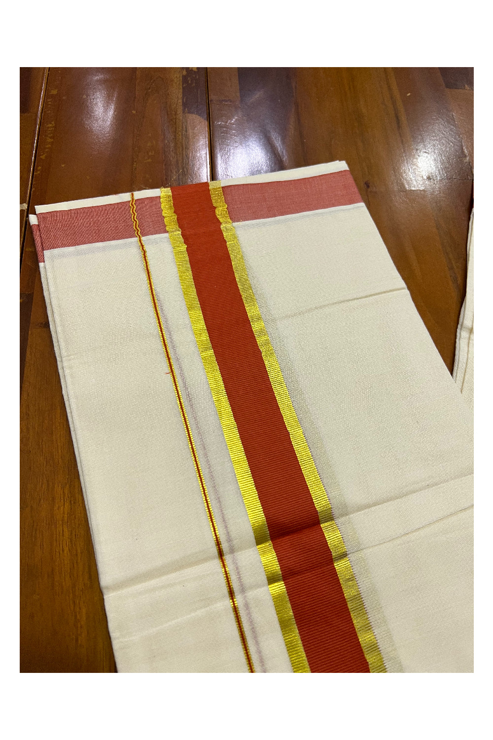 Off White Kerala Double Mundu with Kasavu and Red Border (South Indian Dhoti)