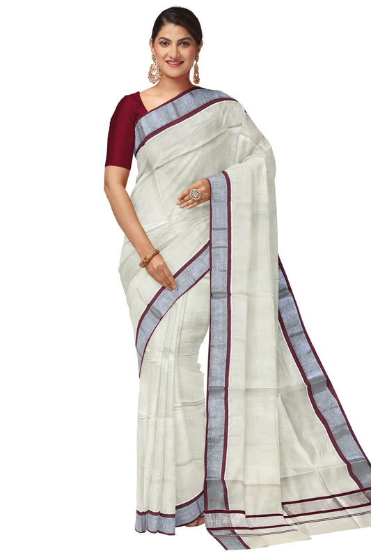 Kerala Pure Cotton Plain Saree with Silver Kasavu and Maroon Border