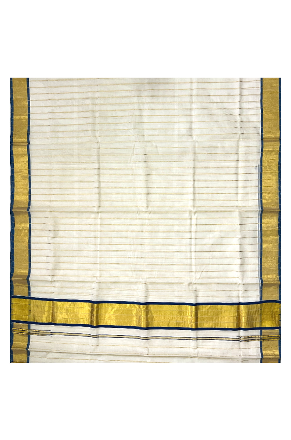 Southloom™ Original Handloom Cotton Saree with Blue Border and Kasavu Lines Across Body