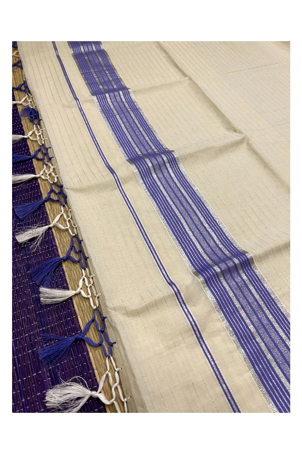 Pure Cotton Kerala Silver Lines Saree with Violet and Silver Pallu