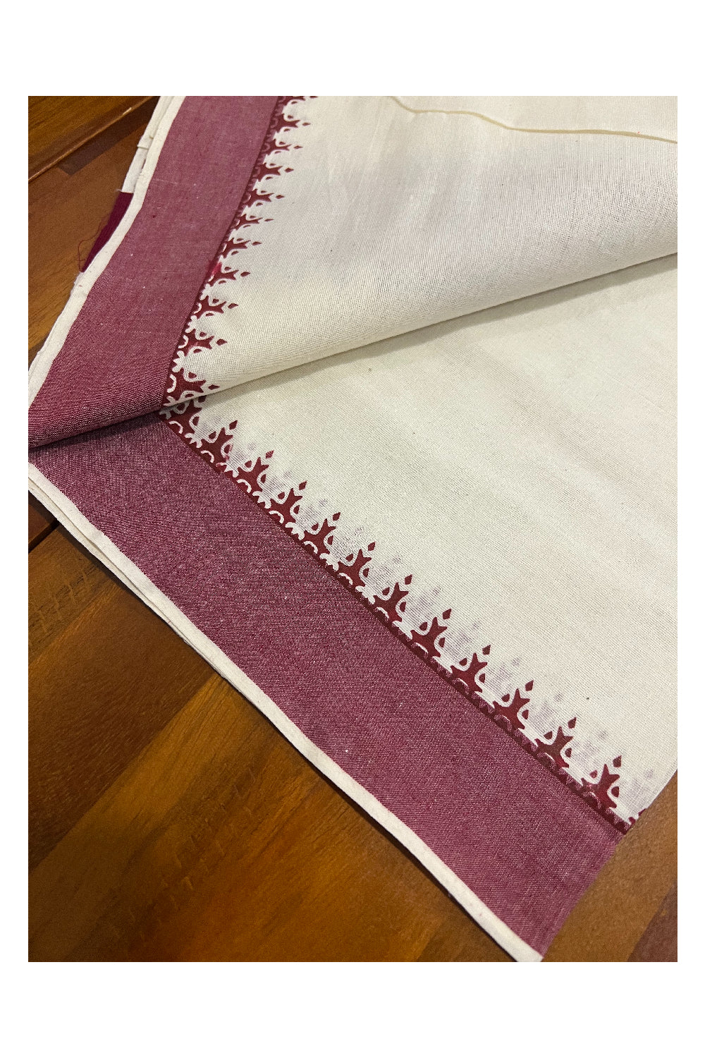 Pure Cotton Set Mundu (Mundum Neriyathum) with Maroon Temple Block Prints Border