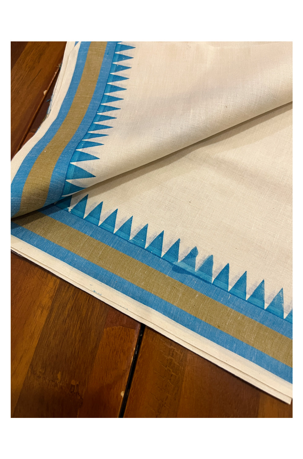 Kerala Cotton Mulloth Mundum Neriyathum Single (Set Mundu) with Blue Temple Block Prints on Border (Extra Soft Cotton)