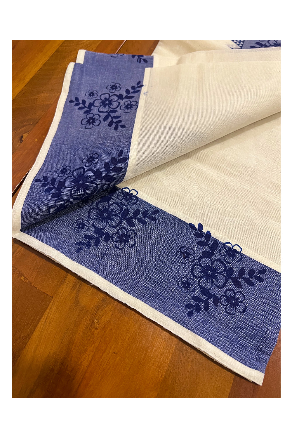 Kerala Cotton Set Mundu (Mundum Neriyathum) with Blue Floral Temple Block Prints on Border