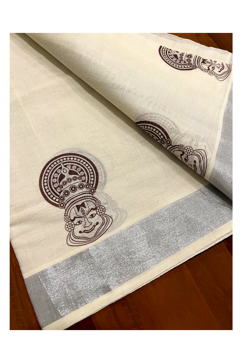 Pure Cotton Kerala Silver Kasavu Set Mundu (Mundum Neriyathum) with Kathakali Block Prints on Dark Brown Border