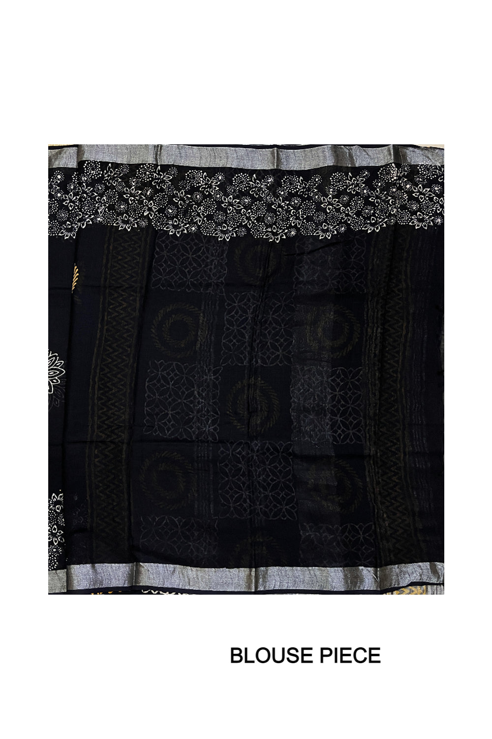 Southloom Linen Designer Black Saree with Yellow White Fabric Prints on Body and Tassels Works