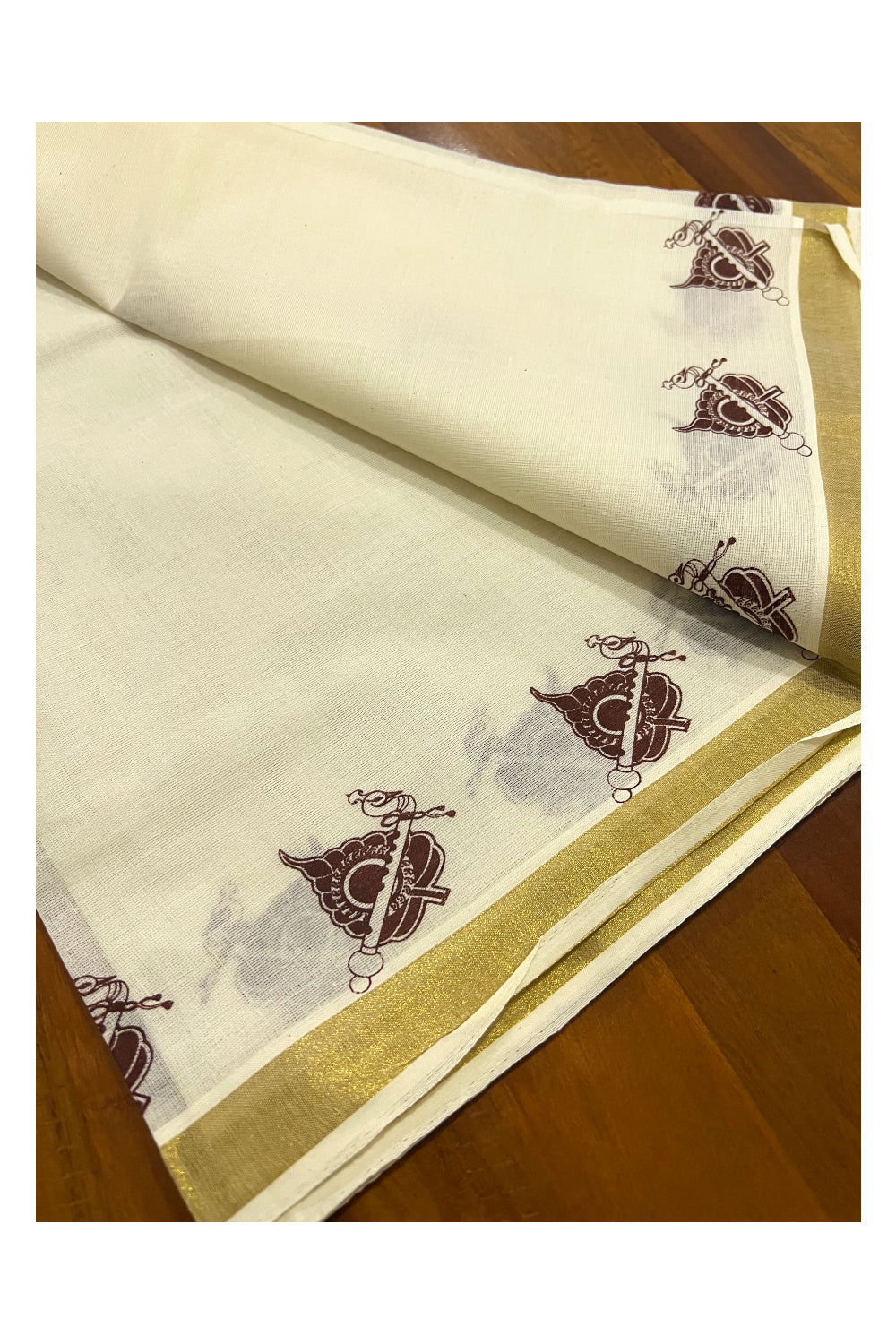 Kerala Cotton Kasavu Set Mundu (Mundum Neriyathum) with Brown Block Prints