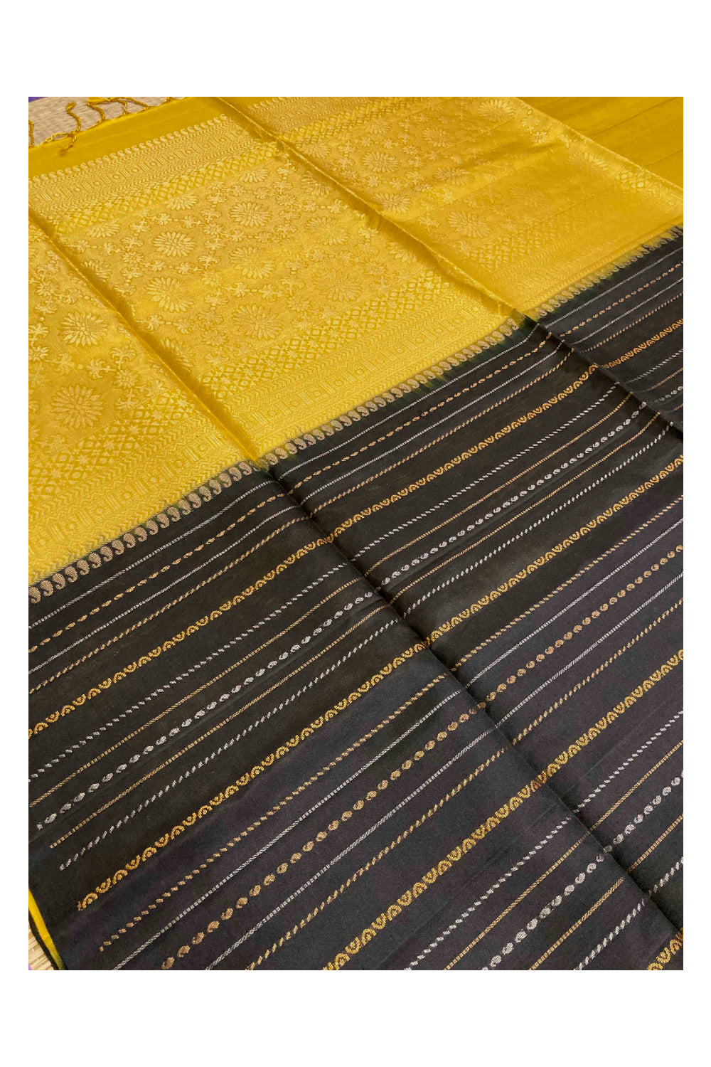 Southloom Handloom Pure Silk Kanchipuram Saree in Black Stripes and Yellow Pallu