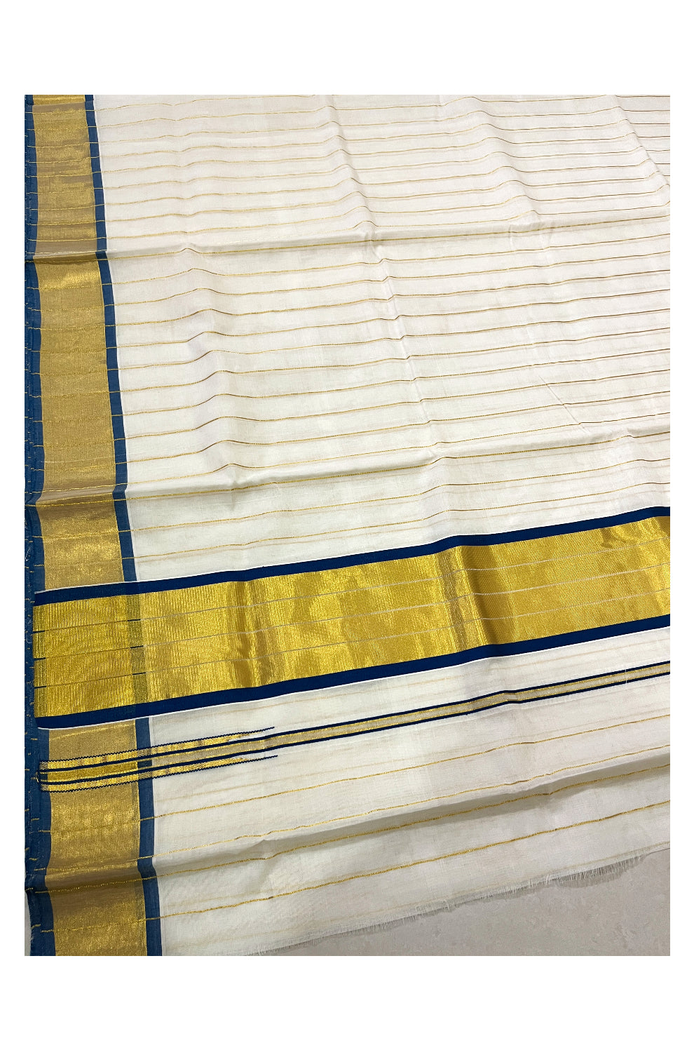 Southloom™ Original Handloom Cotton Saree with Blue Border and Kasavu Lines Across Body