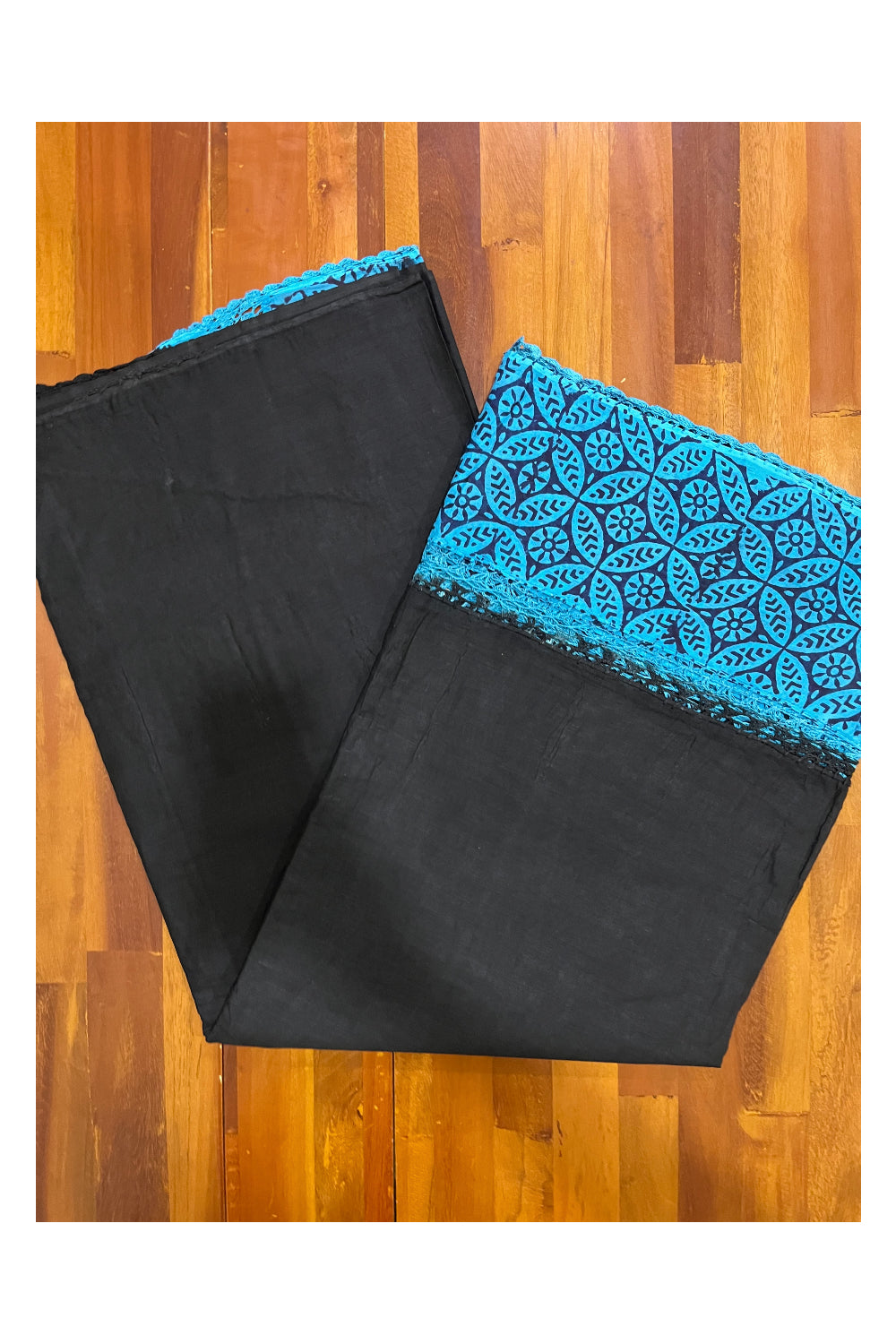 Southloom Pure Cotton Black Saree with Designer Blue Crochet works on Border