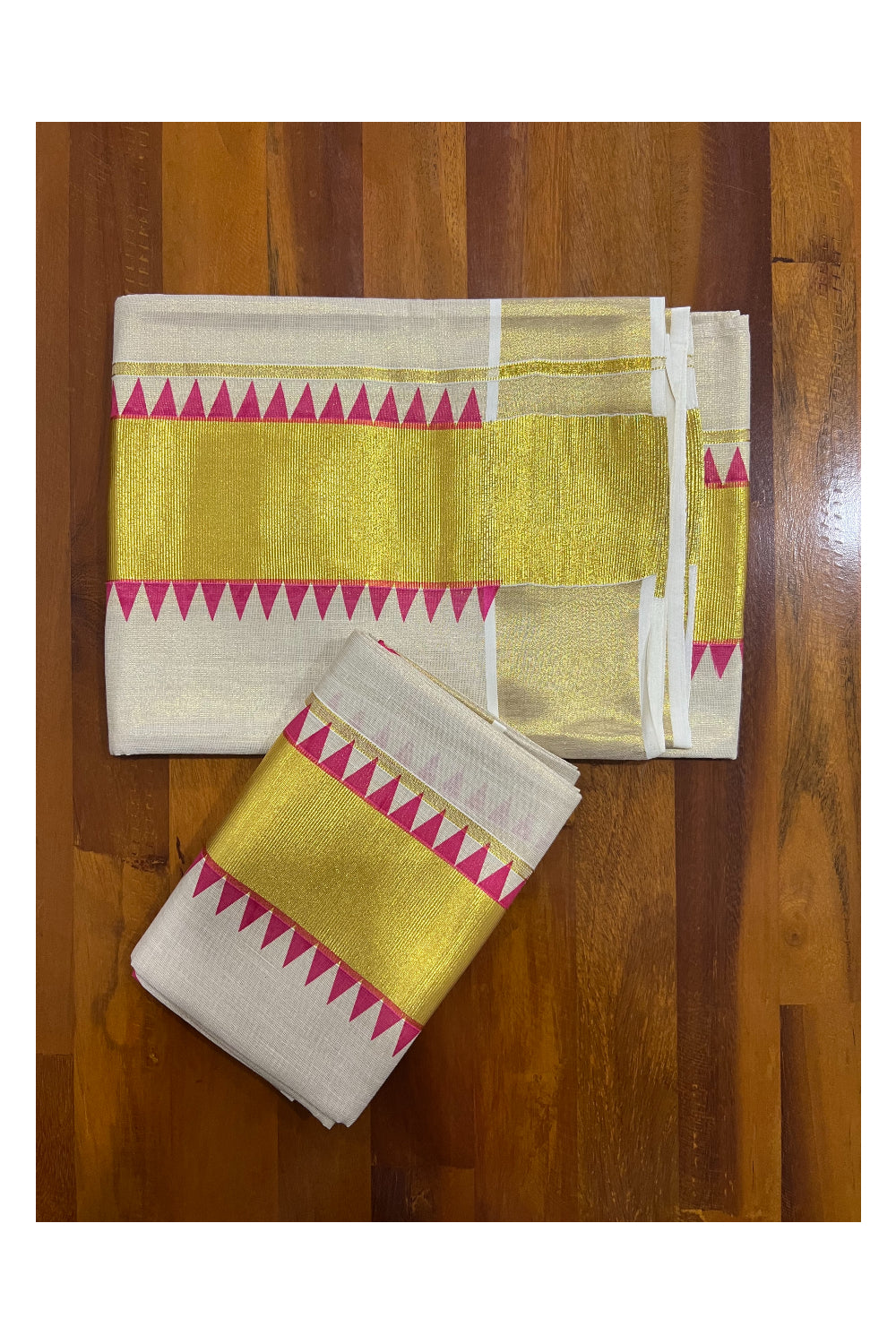 Kerala Tissue Kasavu Set Mundu (Mundum Neriyathum) with Pink Temple Block Print