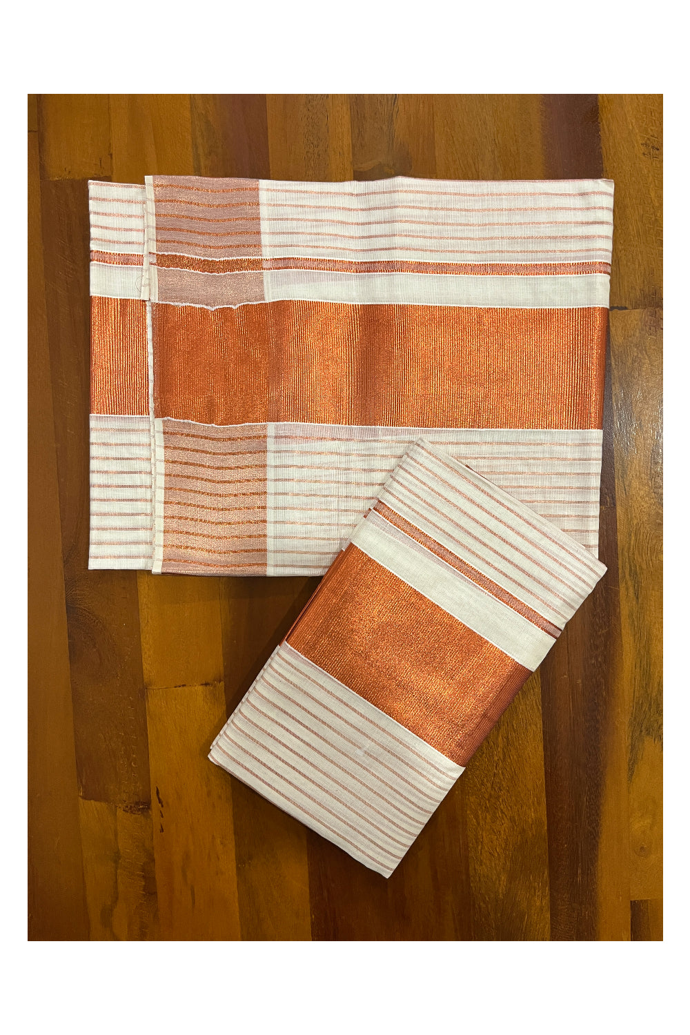 Kerala Cotton Set Mundu (Mundum Neriyathum) with Copper Kasavu Lines on Body 2.80 Mtrs