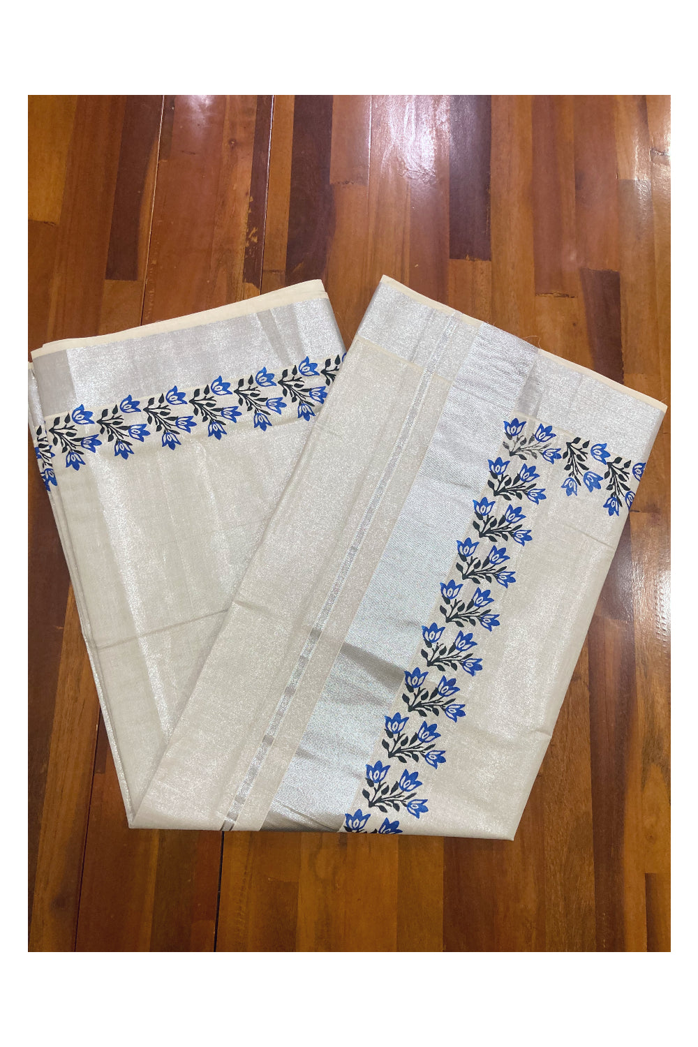 Kerala Silver Tissue Kasavu Saree with Blue and Black Block Prints