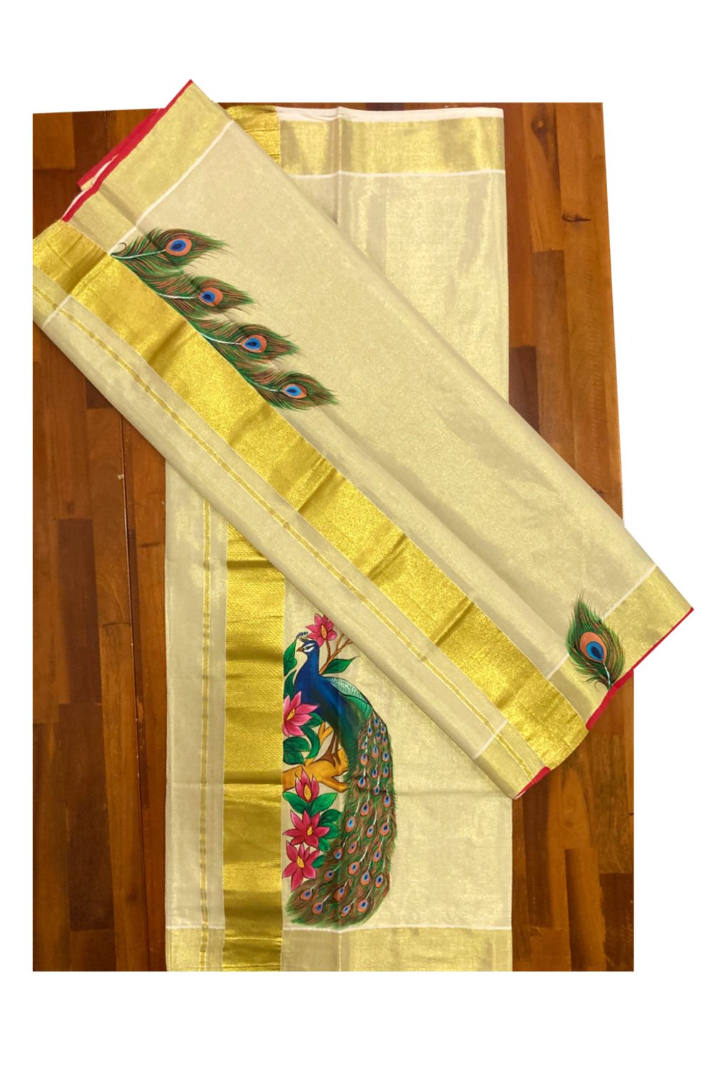 Kerala Tissue Kasavu Set Mundu (Mundum Neriyathum) with Hand Painted Works and Kasavu Red Border