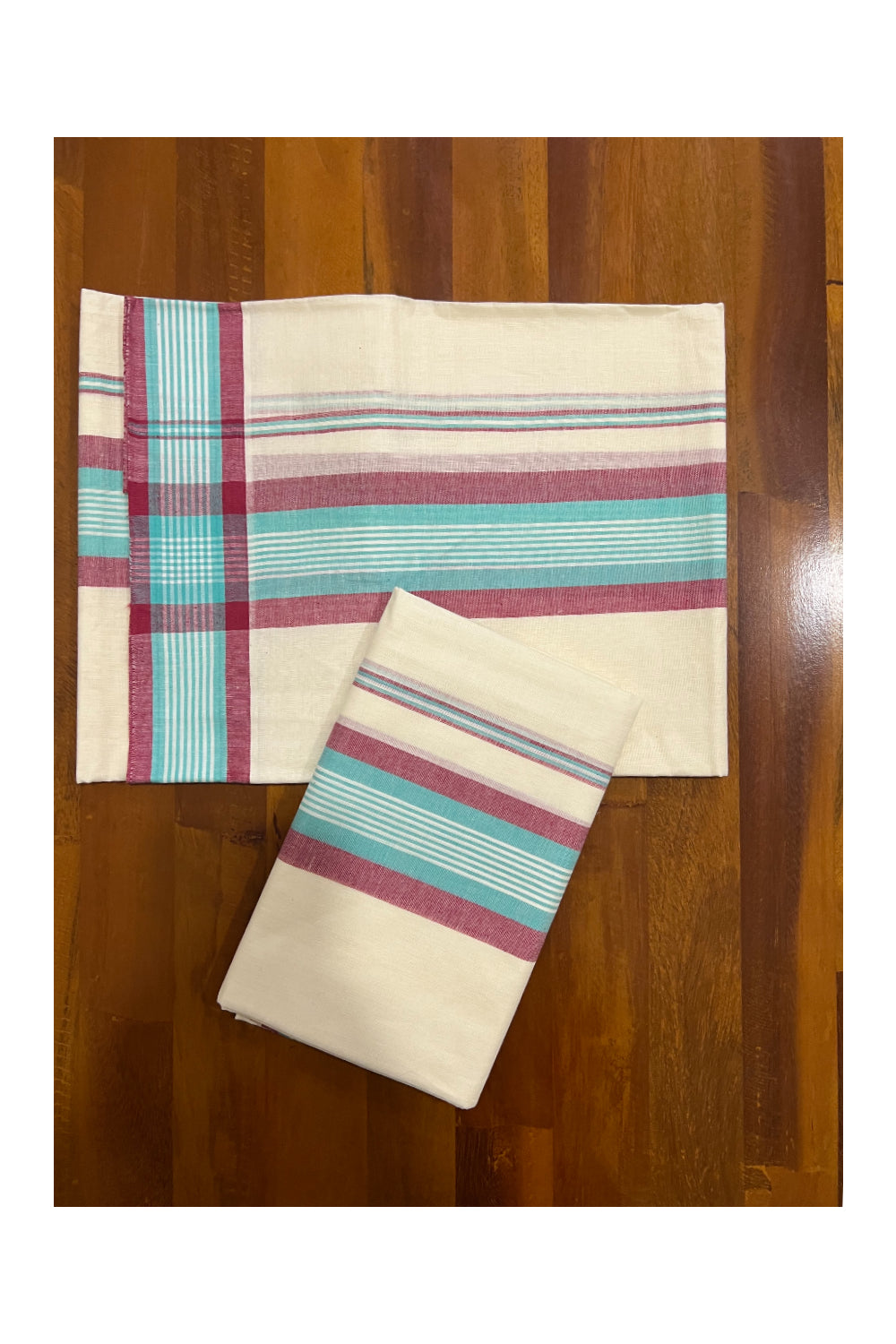 Kerala Cotton Mundum Neriyathum Single (Set Mundu) with Dark Red and Turquoise Mulloth Border (Extra Soft Cotton)