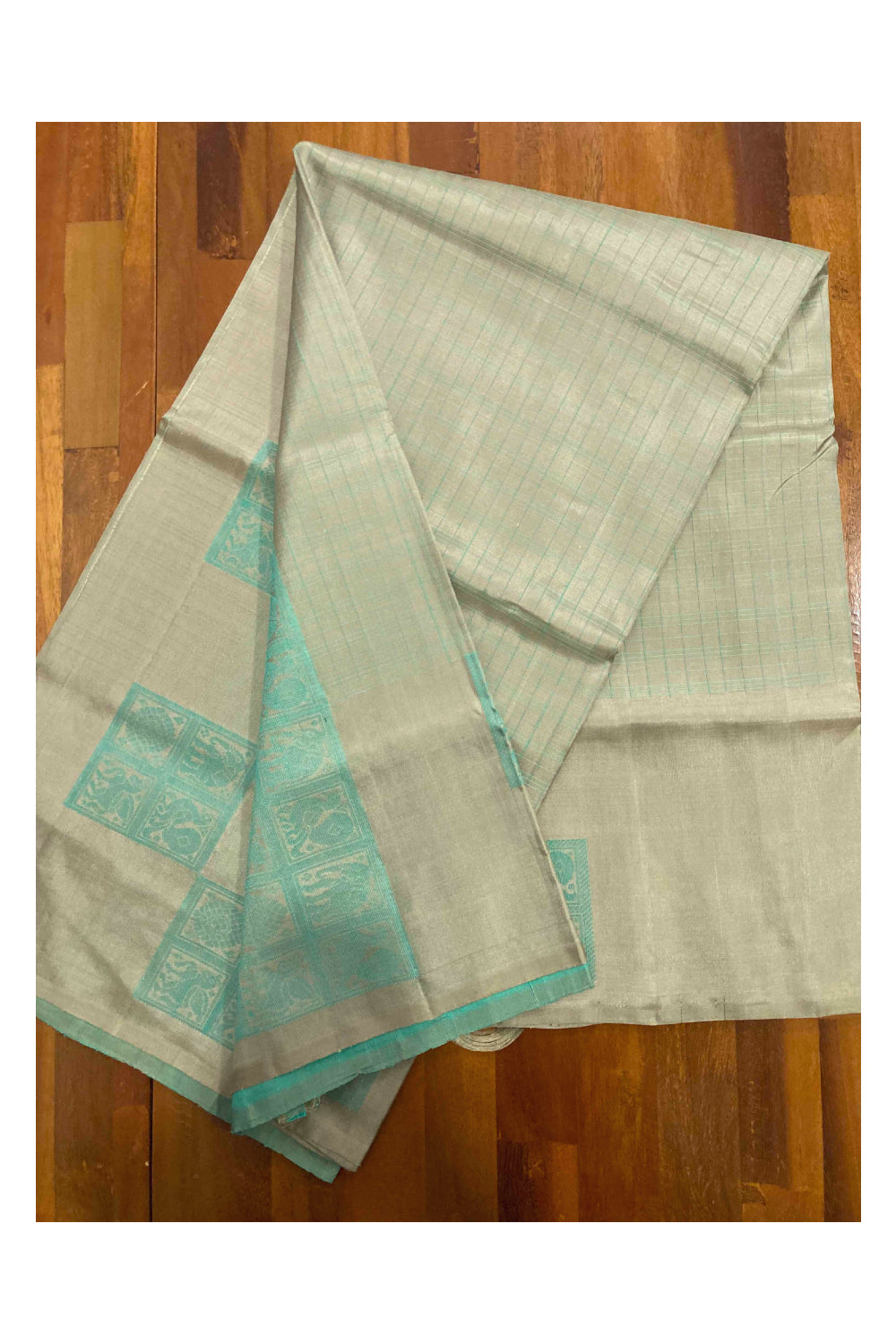 Southloom Handloom Pure Silk Kanchipuram Saree in Grey Checkered and Turquoise Elephant Motifs