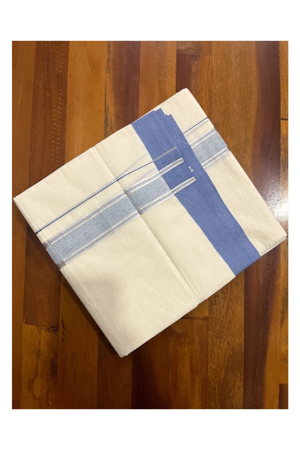 Pure Cotton Off White Double Mundu with Blue and Silver Kara (South Indian Dhoti)