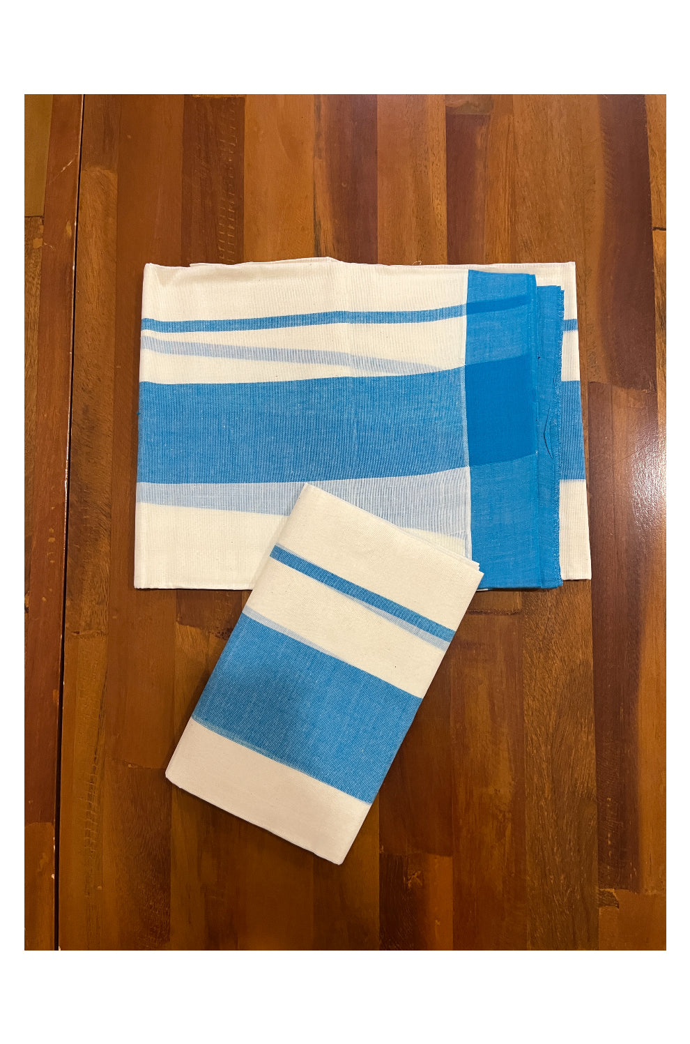 Pure Cotton Single Set Mundu (Mundum Neriyathum Onam 2023) with Blue Border