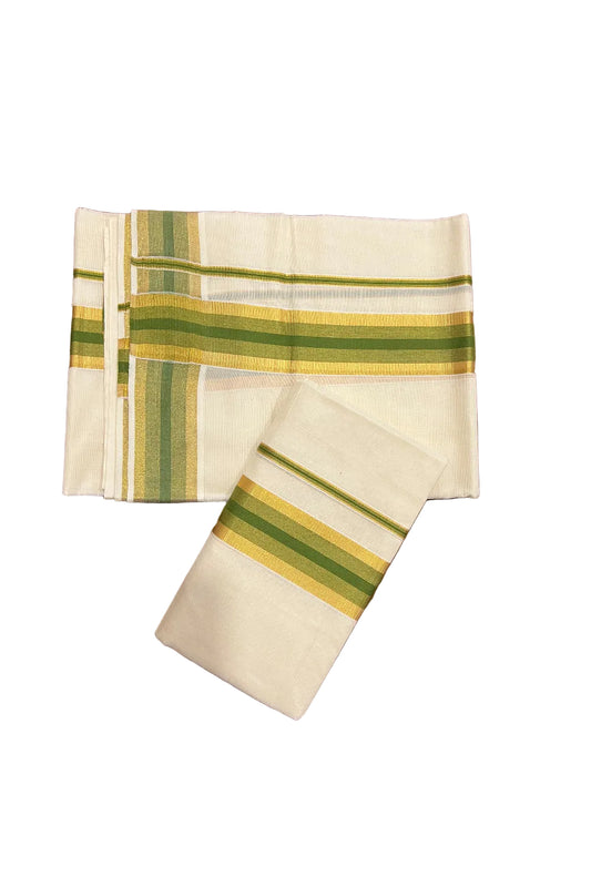 Southloom Kerala Cotton Mundum Neriyathum Single (Set Mundu) with Olive Green and Kasavu Border 2.80 Mtrs SLKK
