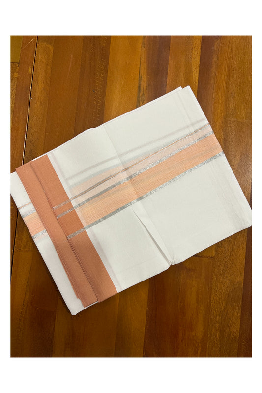 Pure White Kerala Cotton Double Mundu with Silver Kasavu and Orange Border (South Indian Dhoti)