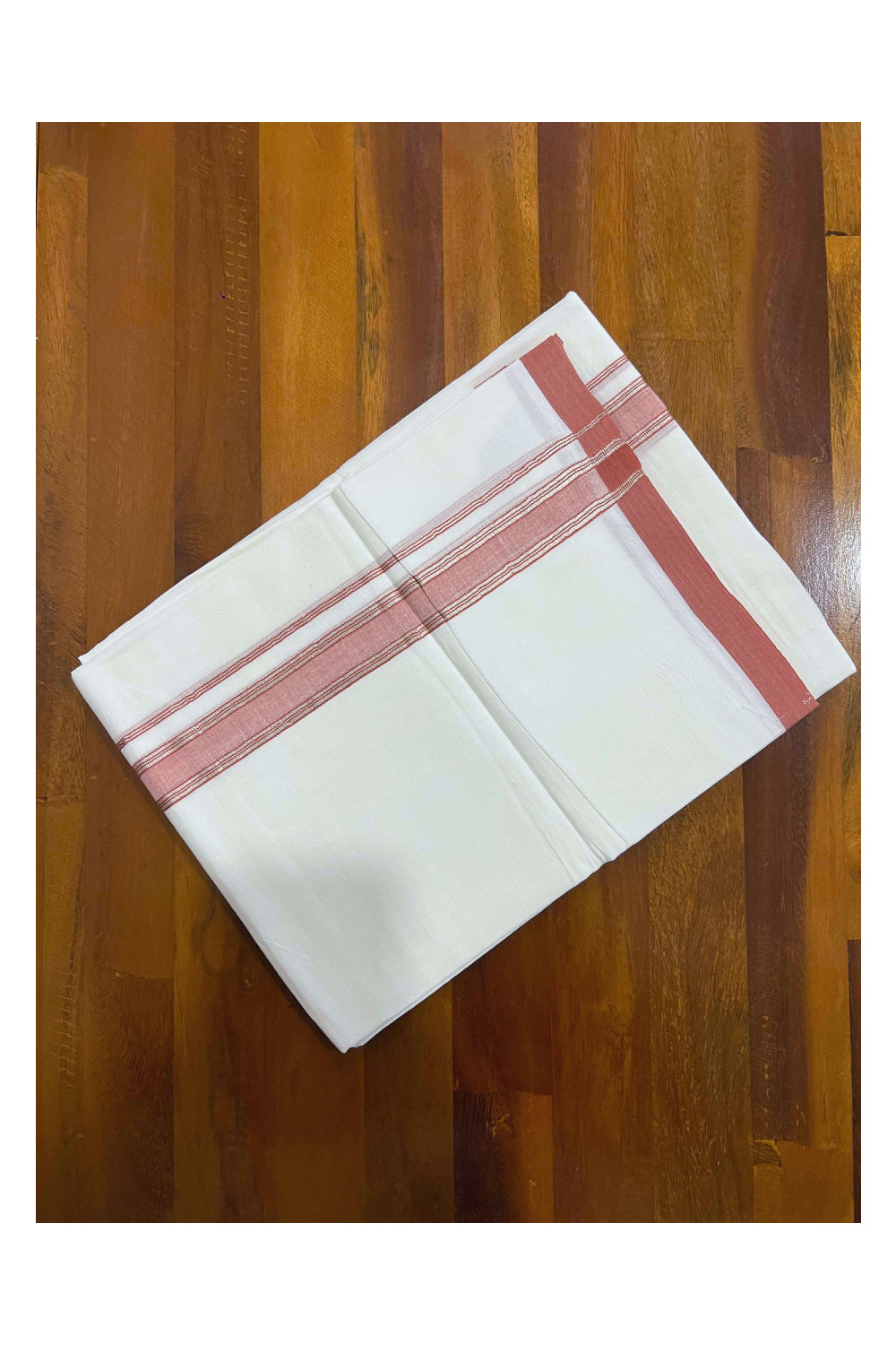 Pure White Cotton Mundu with Brick Red and Silver Kara (South Indian Dhoti)