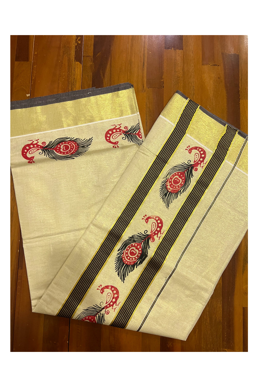 Kerala Tissue Saree with Red and Black Peacock Block Printed Design on Dark Brown and Kasavu Border