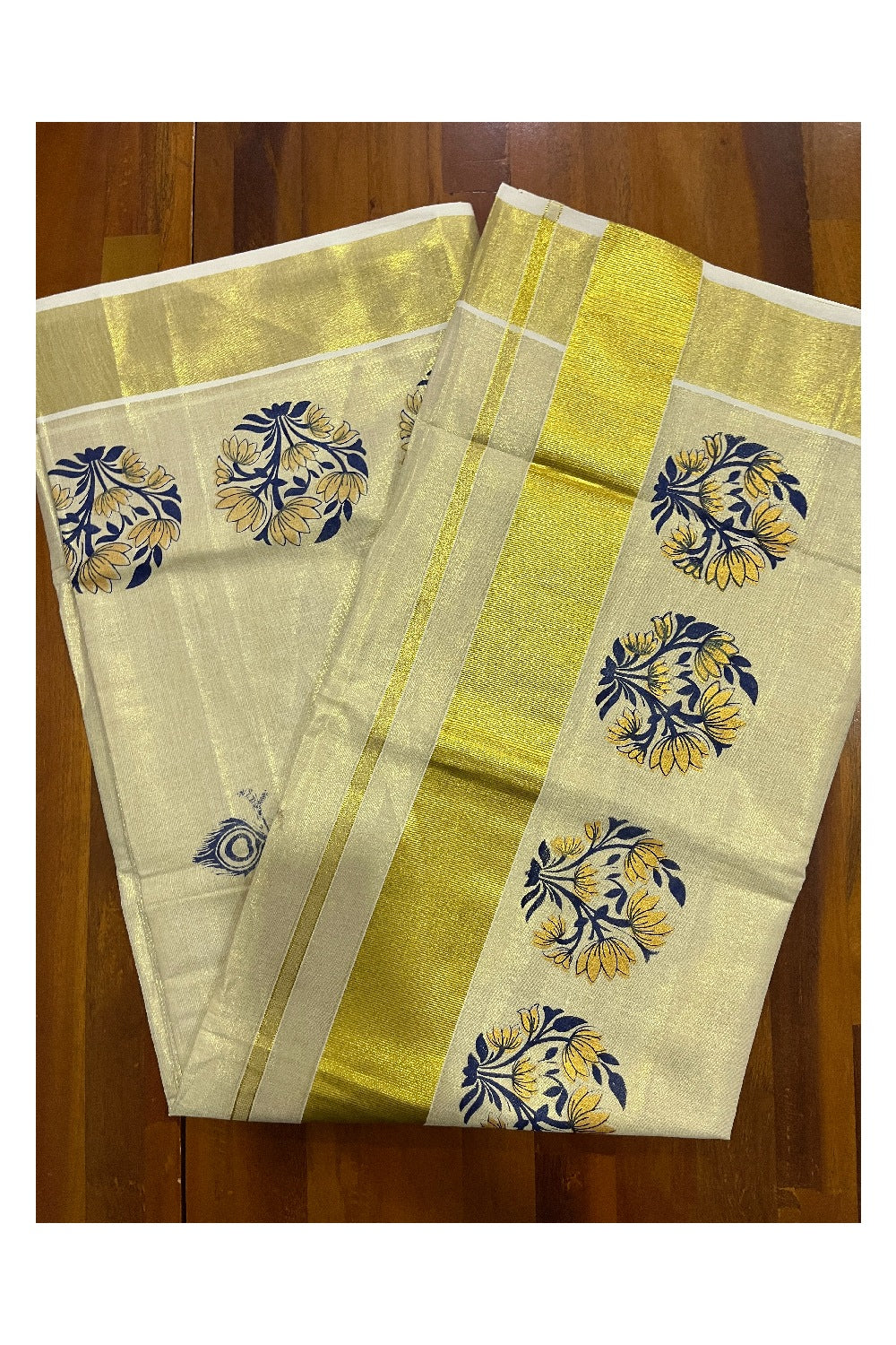 Kerala Tissue Kasavu Blue Golden Block Printed Design Saree